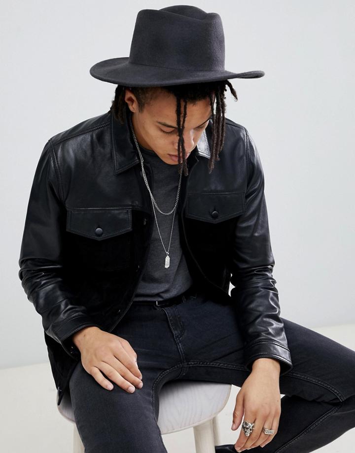 Asos Design Wide Brim Pork Pie Hat In Black With Distressing - Gray