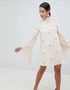 Asos Design Embellished Shift Mini Dress With Fringed Sleeves - Pink