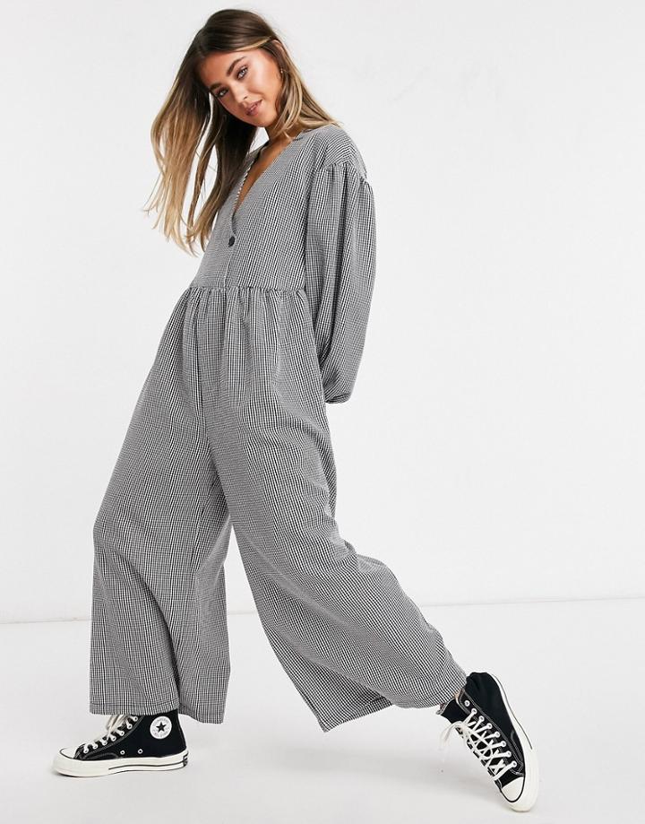 Asos Design Gingham Check Smock Jumpsuit-multi