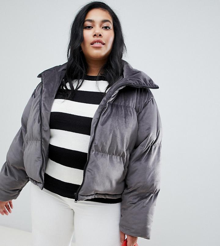 Brave Soul Plus Ramblin Padded Coat In Velvet - Gray