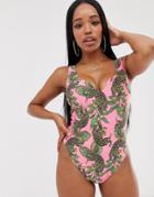 Asos Design Fuller Bust Exclusive Notch Neck Swimsuit In Pink Tropical Tiger Print-multi