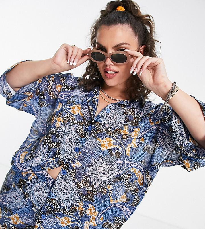 Heartbreak Plus Oversized Satin Shirt In Scarf Print - Part Of A Set-black