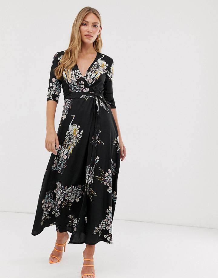Liquorish Wrap Maxi Dress In Bird Print-black