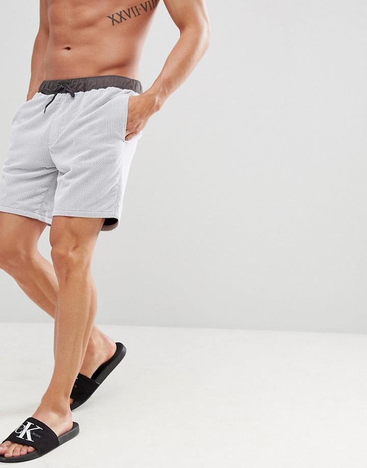 Asos Design Swim Shorts In White With Gray Mesh Overlay In Mid Length - Gray