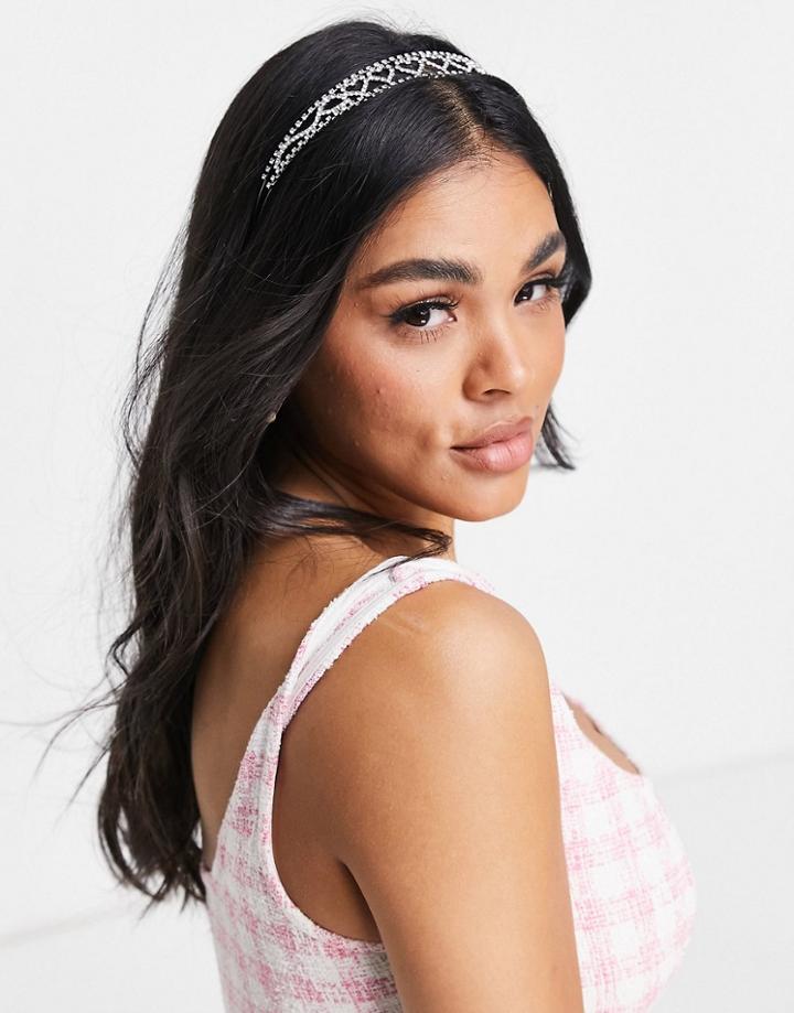 Asos Design Headband With Heart Detail In Rhinestone-silver
