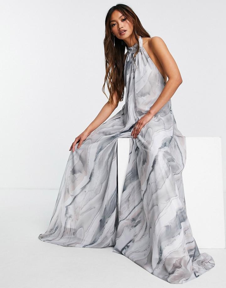 Asos Design Halter Neck Backless Wide Leg Jumpsuit In Marble Print-multi