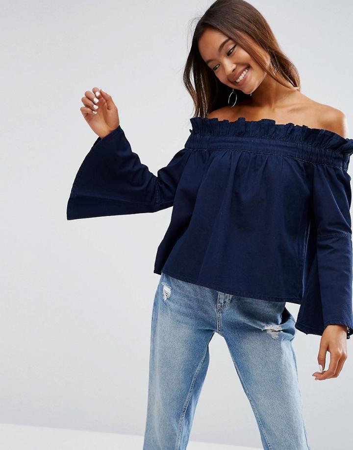 Asos Denim Off Shoulder Top With Flared Sleeves In Blue - Blue