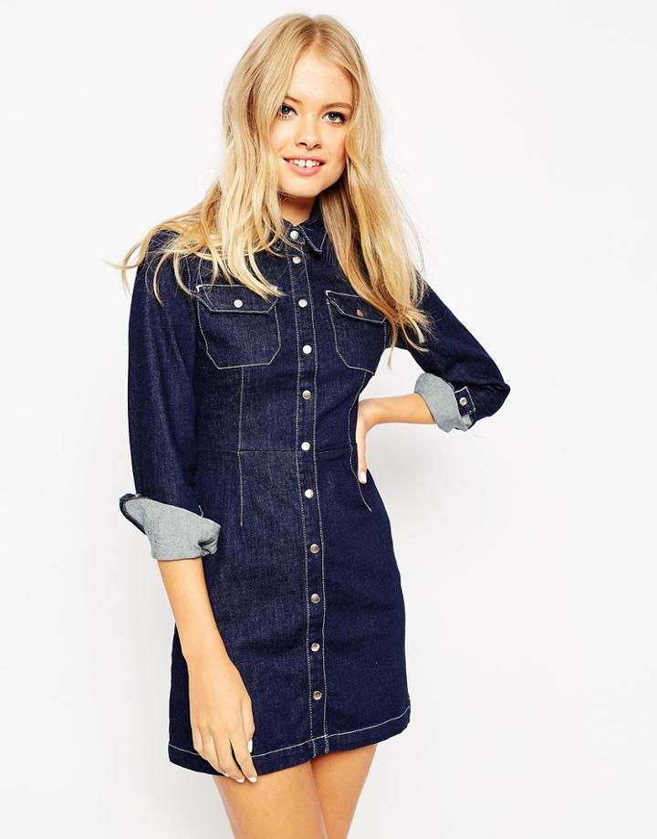 Asos Denim Western A-line Shirt Dress In Indigo - Indigo