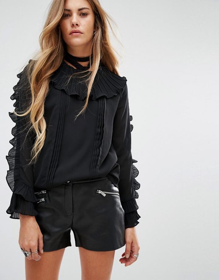 Navy London Long Sleeve Blouse With Frill Collar And Sleeves - Black