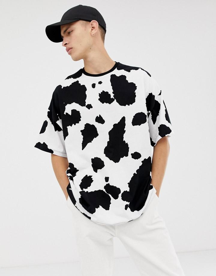 Asos Design Oversized T-shirt With All Over Cow Print - White