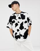 Asos Design Oversized T-shirt With All Over Cow Print - White