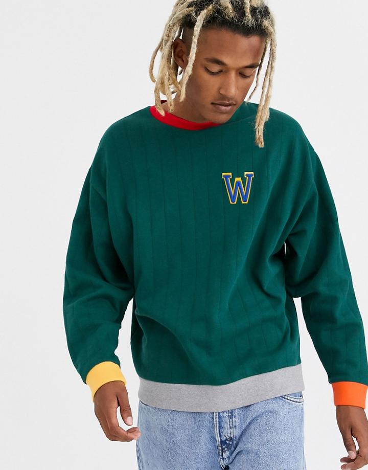 Asos Design Oversized Sweatshirt With Textured Stripe With Contrast Ribs And Embroidered Chest-green