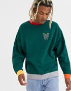 Asos Design Oversized Sweatshirt With Textured Stripe With Contrast Ribs And Embroidered Chest-green