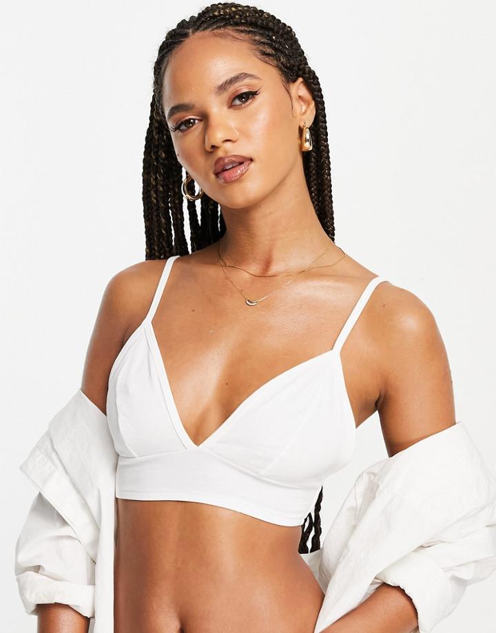 Asos Design Crop V Neck Bralette In Organic Cotton Blend In White