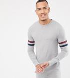 Asos Design Tall Muscle Fit Longline Long Sleeve T-shirt With Contrast Sleeve Stripe In Gray Marl