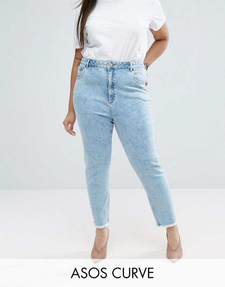 Asos Curve Farleigh Slim Mom Jeans In Sunni Pretty Midwash With Raw Hem - Blue