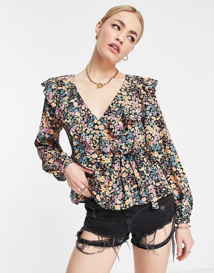 Topshop Floral Wrap Blouse In Multi