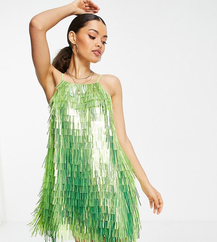 Asos Design Petite Shard Sequin Strappy Mini Dress In Green