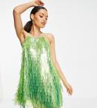 Asos Design Petite Shard Sequin Strappy Mini Dress In Green