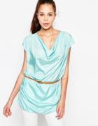 Jasmine Top With Drape Front And Belt - Mint