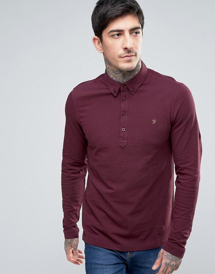 Farah Merriweather Pique Polo Long Sleeve Slim Fit In Bordeaux Marl - Red