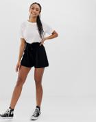 Asos Design Shorts With Paperbag Waist And Tie-black