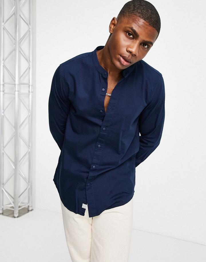 Pull & Bear Grandad Collar Chambray Shirt In Blue-navy
