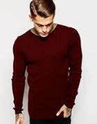 Asos Muscle Fit Sweater In Stretch Rib - Burgundy
