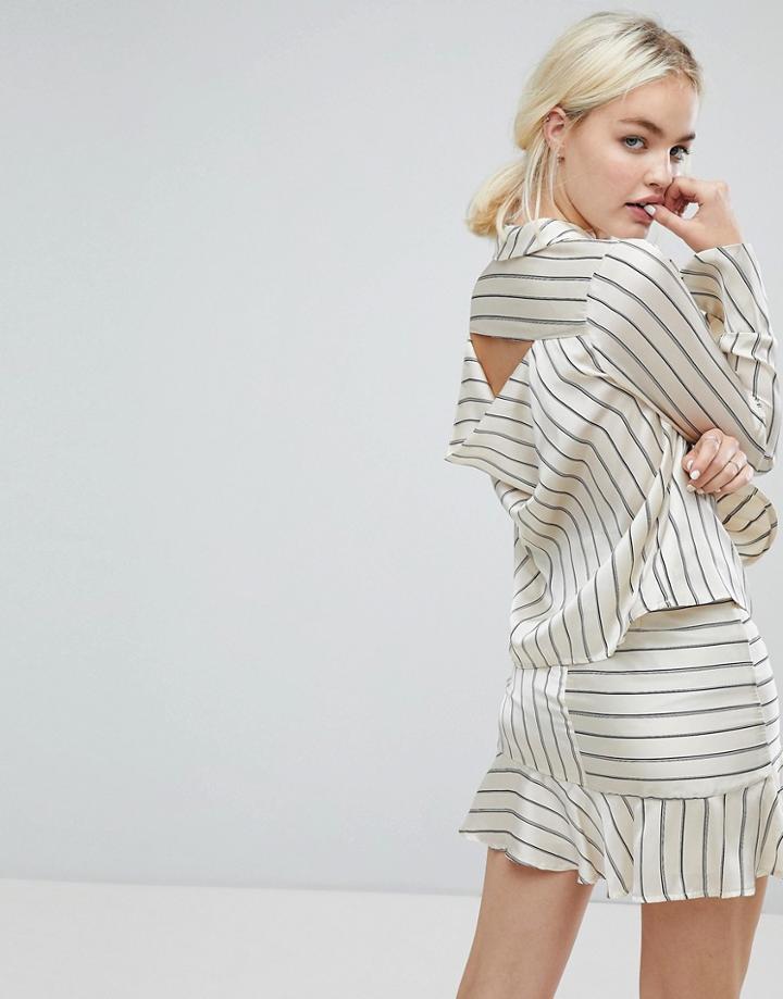 J.o.a Wrap Front Tailored Shirt In Satin Formal Stripe Co-ord - Cream