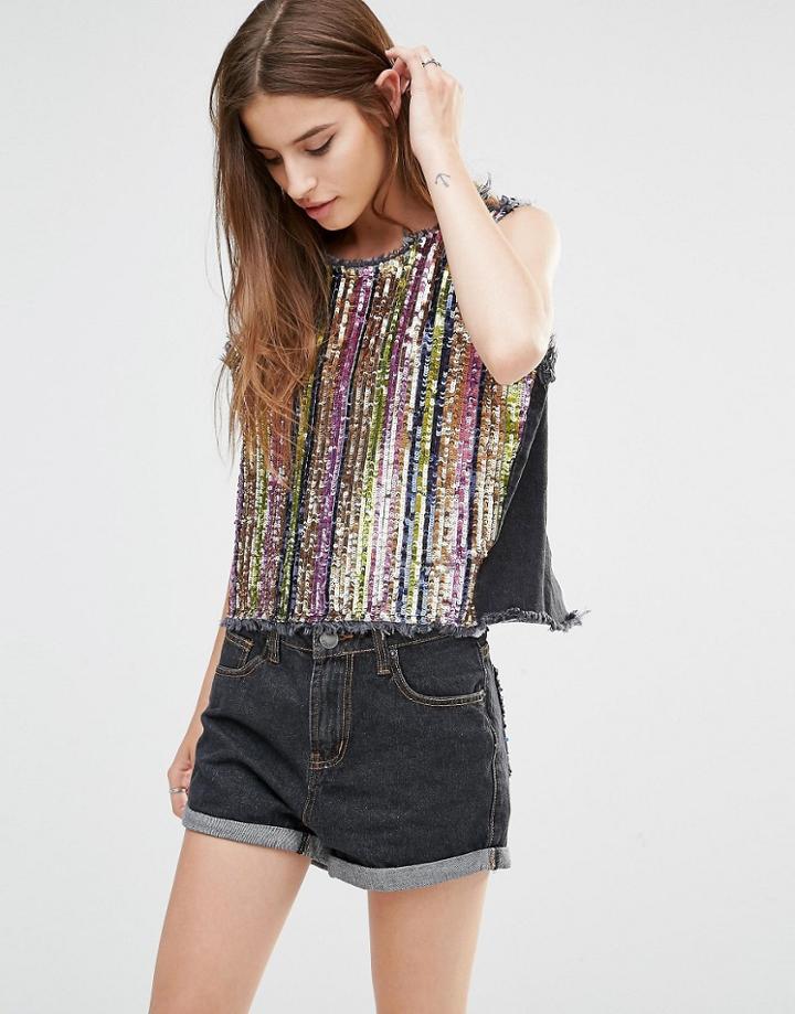 Liquor & Poker Sequin Front Open Back Denim Top - Black