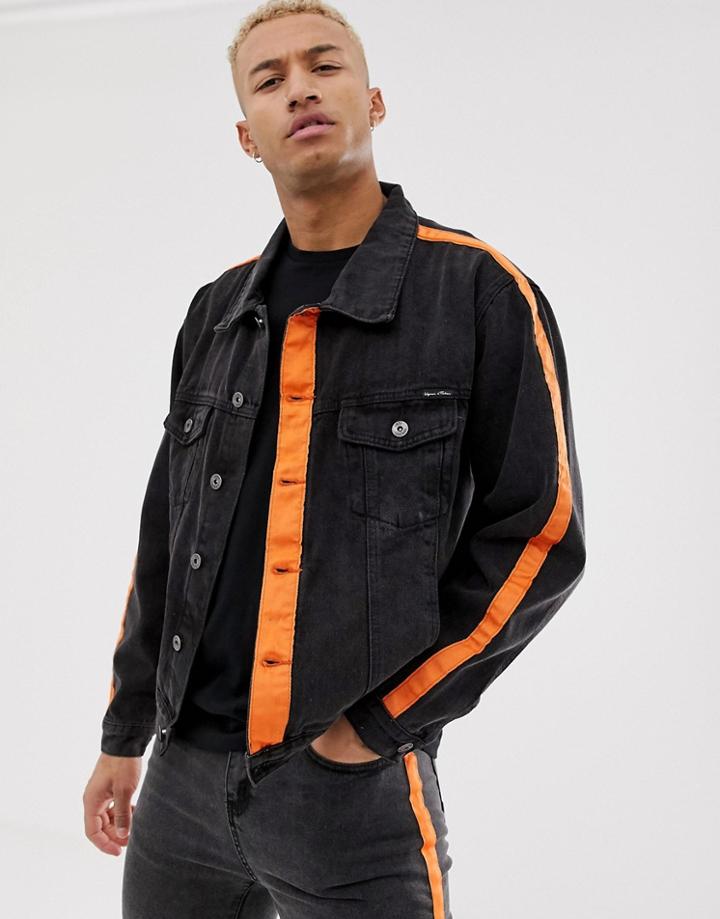 Liquor N Poker Denim Jacket With Orange Stripe In Black - Black