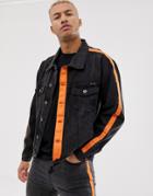 Liquor N Poker Denim Jacket With Orange Stripe In Black - Black