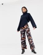 Asos Design Floral Wide Leg Pants With Deep Waistband-multi