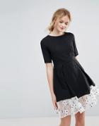 Traffic People Drop Hem Dress With Floral Embroidered Panel - Black