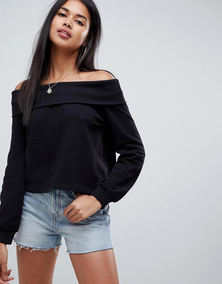 Asos Design Off Shoulder Sweat With Foldover In Black - Black