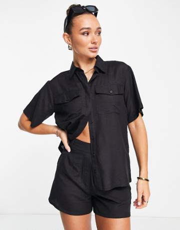 Extro & Vert Linen Style Utility Shirt In Black - Part Of A Set