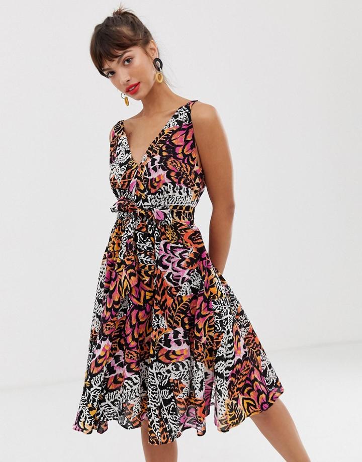 & Other Stories Skater Tie Waist Dress In Feather Print-multi