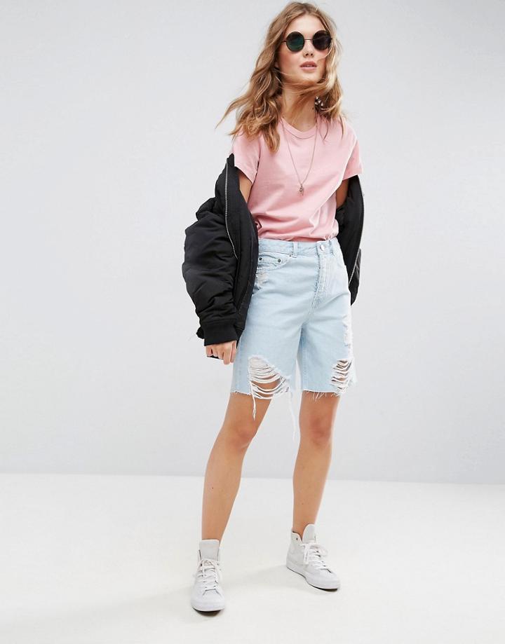 Asos Denim Bermuda Shorts In Light Wash Blue With Rips - Blue