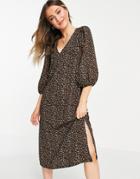 Asos Design Oversized Textured Midi Smock Dress With V Neck In Dark Floral-black