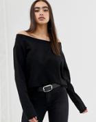 Asos Design Off Shoulder Sweatshirt With Raw Edges In Black - Black