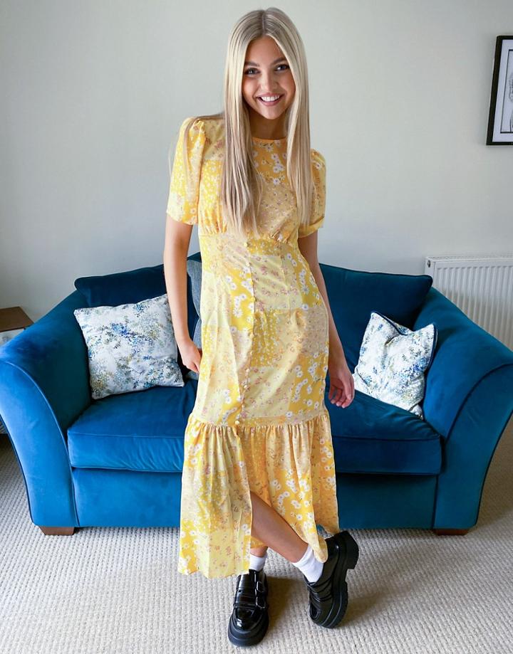 Asos Design Pephem Midi Tea Dress In Yellow Floral Print-multi