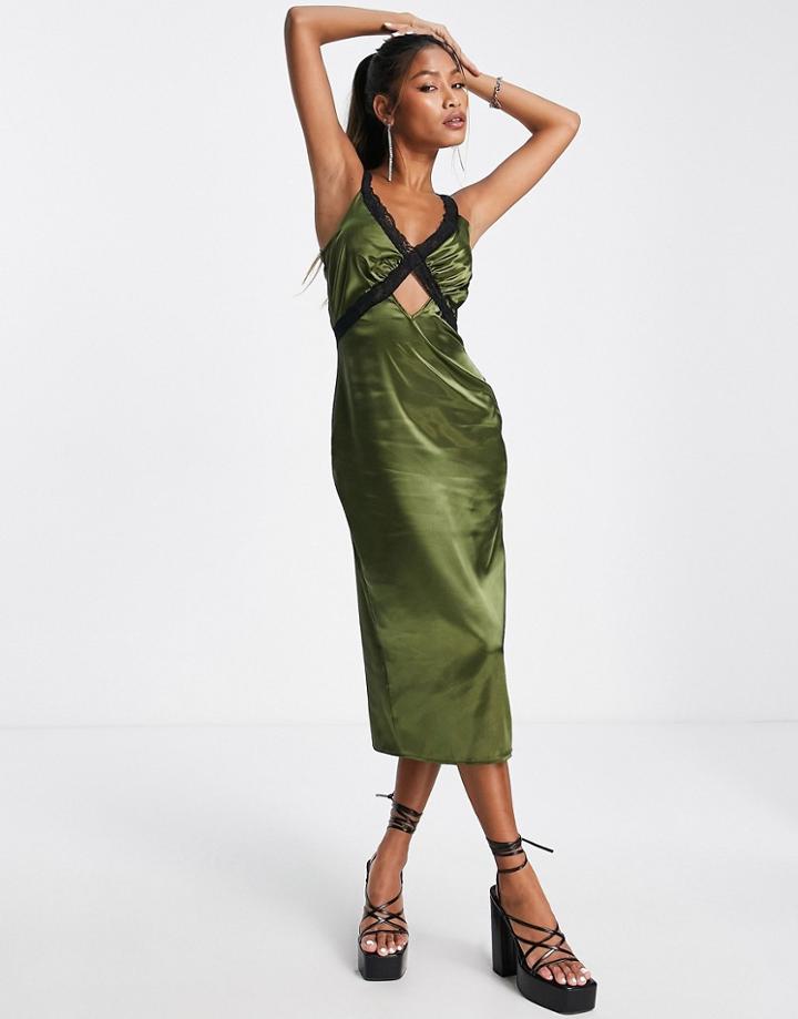 Flounce London Midi Satin Dress With Contrasting Lace Trim-green