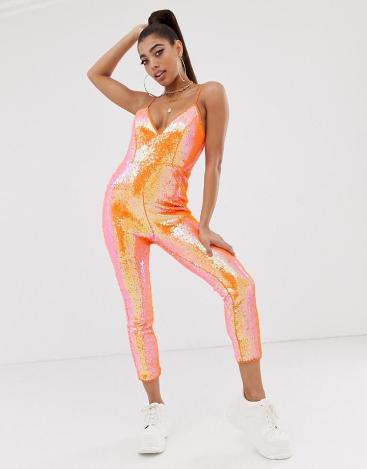 Missguided Sequin Jumpsuit In Orange - Orange