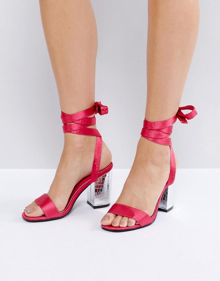 Park Lane Tie Ankle Block Satin Heel Sandal - Pink