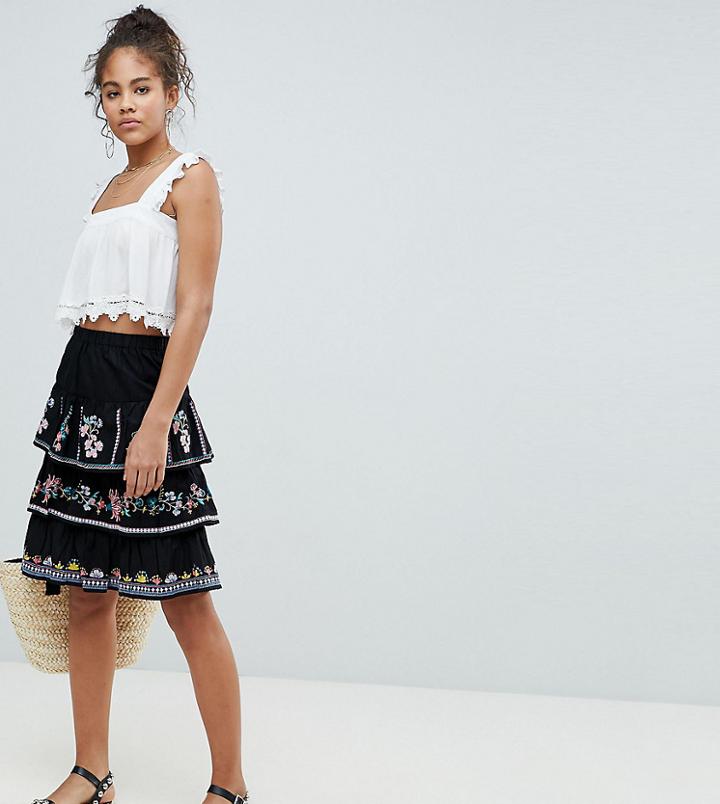 Asos Design Tall Tiered Mini Sun Skirt With Embroidery-black