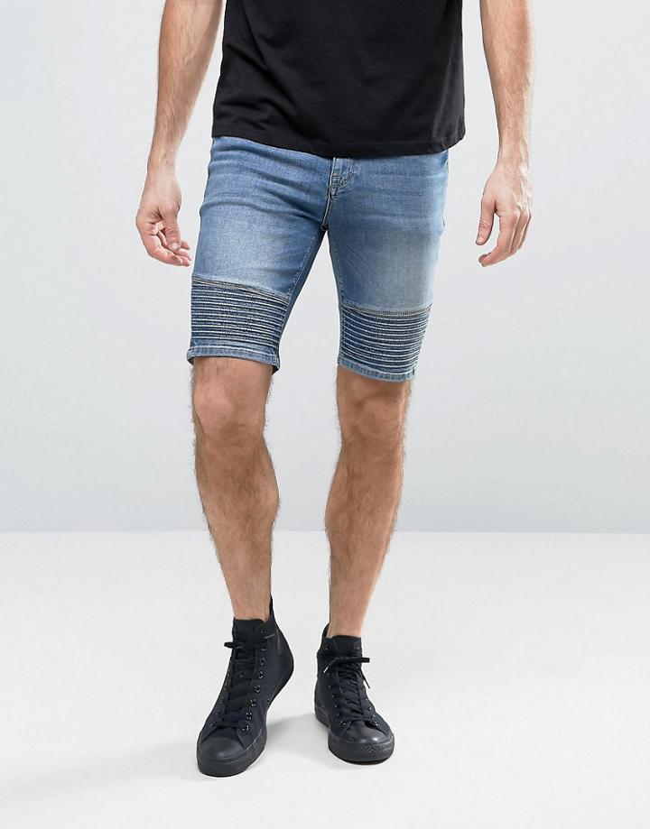 Asos Denim Shorts In Super Skinny With Biker Detail In Mid Blue - Blue