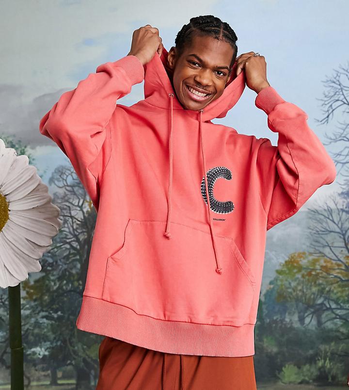 Collusion Acid Washed Hoodie With C Print In Rust-orange