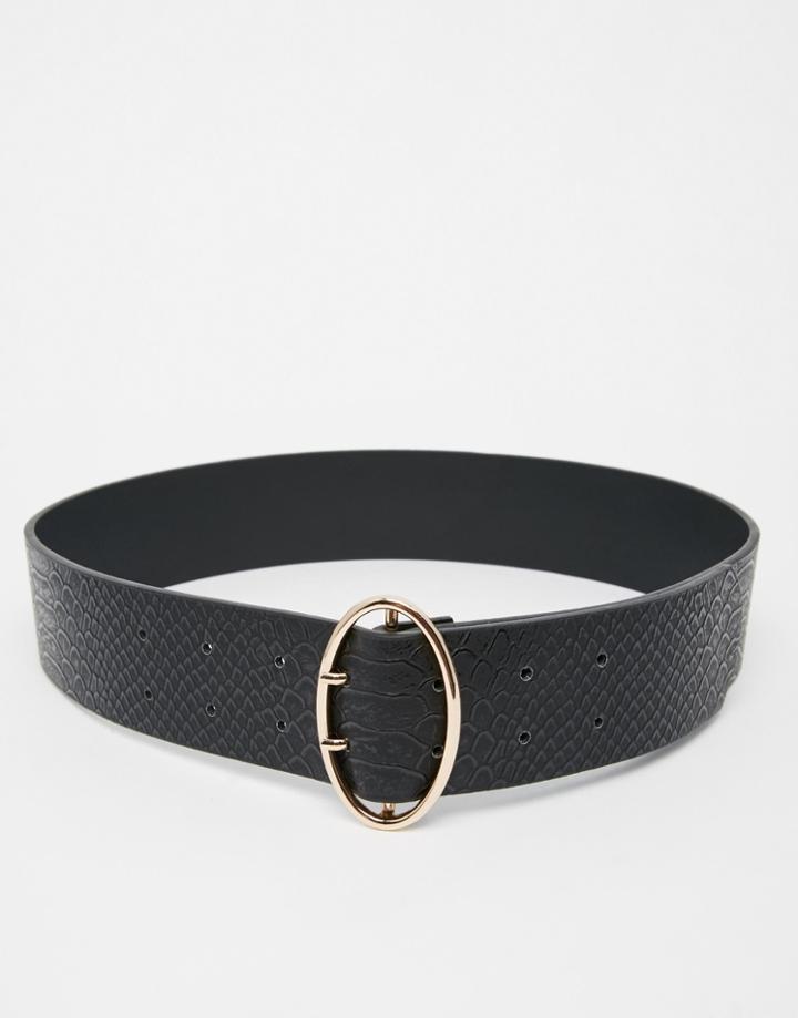 Asos Double Prong Oval Buckle Faux Croc Waist Belt - Black