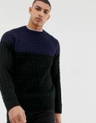 Burton Menswear Cable Knit Sweater In Color Block Blue