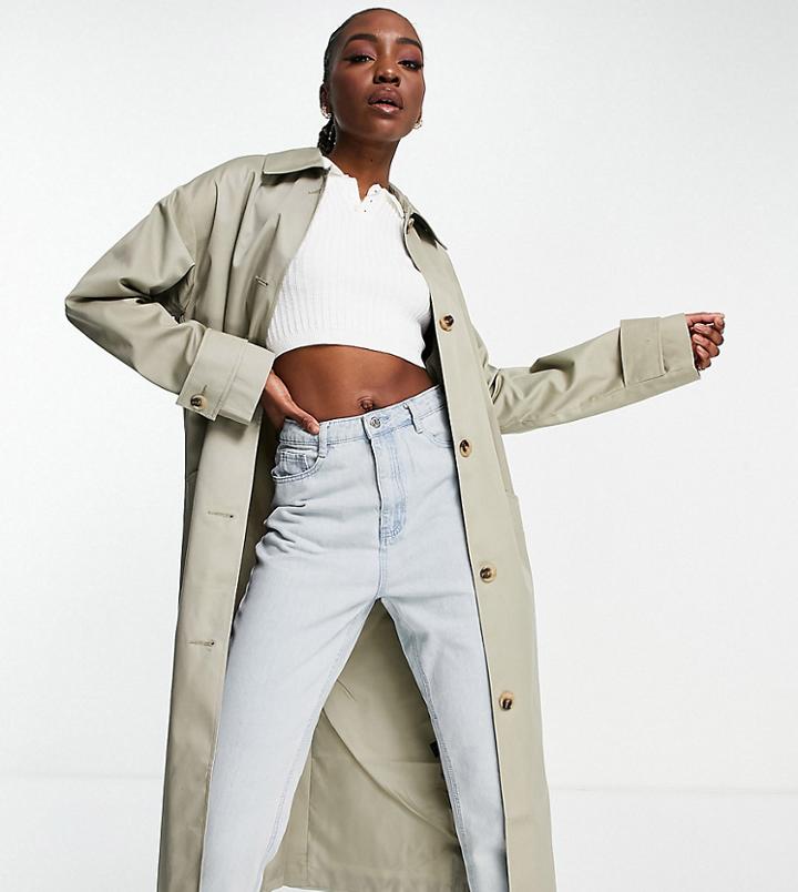 Asos Design Tall Longline Trench Coat In Khaki-brown
